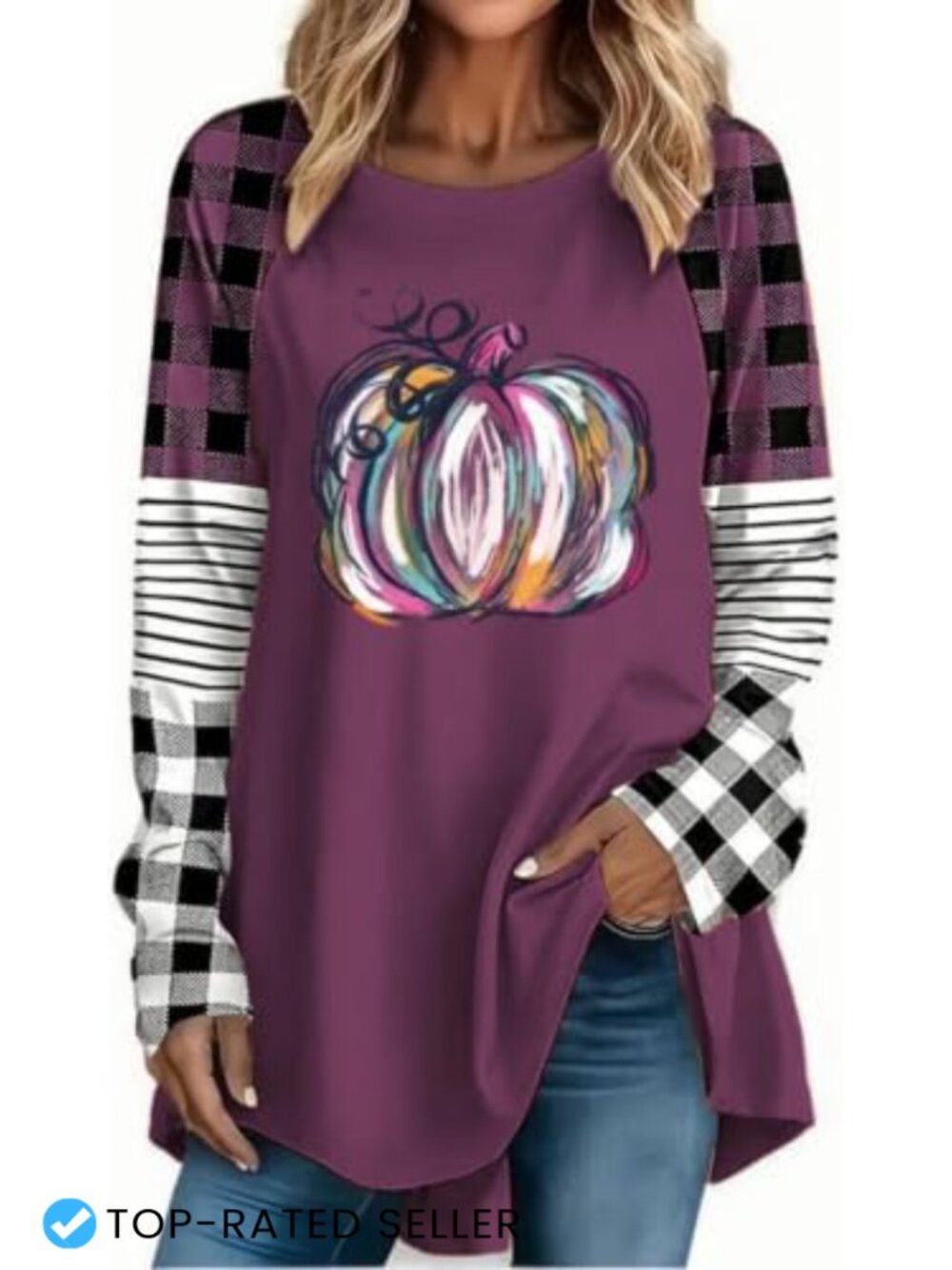 Women's Long Sleeve Raglan Graphic Tee Plaid Shoulders Crew Neck